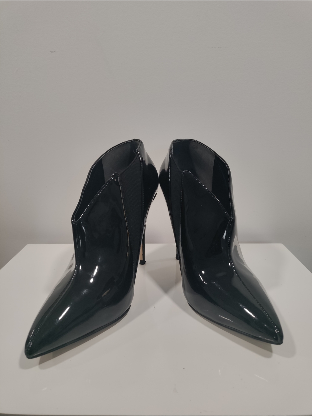 Patent Pointed-Toe High Heel Booties in Black